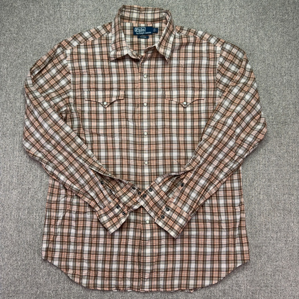 Polo by Ralph Lauren Mens L Brown Plaid Pearl Snap Western Button Down Shirt
